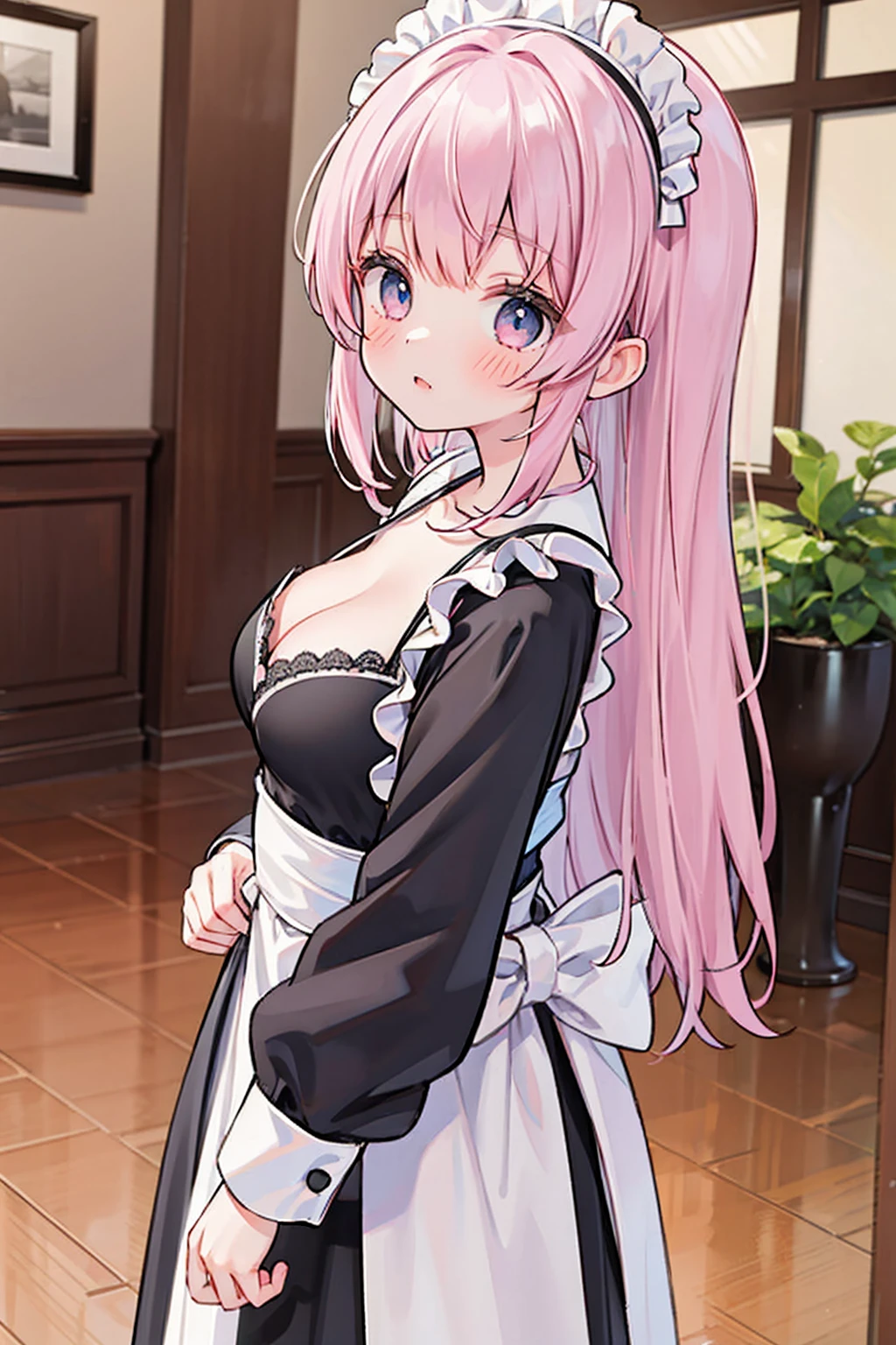 1 Girl、Maid clothes、blush、Cleavage、Are standing、Looking Back