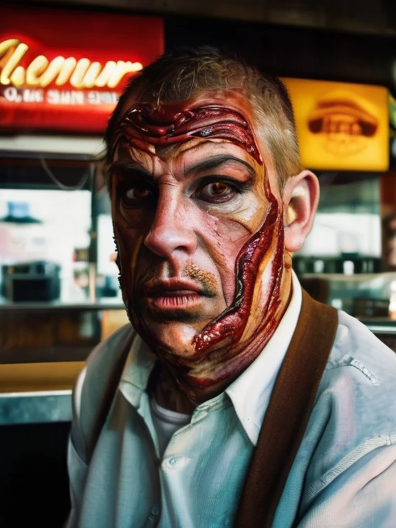 fleshmutant bodyhorror working at a fast food restaurant,close up,, true to life, HDR image,High detail resolution,soft eyes,natural skin,high detailed face,high detailed cloth,film photography,vintage,cinematic lighting,realistic,sharp focus,(very detailed),((4K HQ)),depth of field,f/1.2,Leica,8K HDR,High contrast,shadows, bokeh,(detailed and realistic skin texture),(detailed clothing),(detailed background),detailed skin,(highly detailed skin),(8K HDR photo),realistic texture,realistic shadows,accurate to life,living image,lifelike