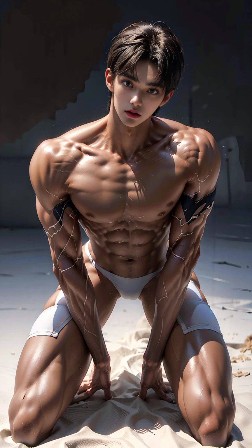 masterpiece,best quality,Look up at the characters,Front view,Stay away from the camera, (An 18-year-old boy with extraordinary development:1.2), (Tall and fit body),(Kneeling on the beach),Red and white tight-fitting cycling suit,Broad and straight shoulders,Muscular shoulders,(Extremely strong body),Muscular body,Fitness,Perfect body proportions,Inverted triangle figure,Biceps,Highlight muscle texture, Muscular body,Slender and toned legs,Small head,Handsome and cute face,Perfectly detailed facial features,Looking at the camera,A serious and angry expression,leaning back,head tilt, happy, very short hair, brown hair,(looking at viewer:1.2),full body,Vision