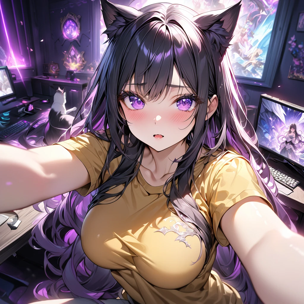Medium boob, long hair, Girl with yellow tshirt, cat ears,purple dark light, absurdres, highres, ultra detailed, HDR, master piece, best quality, black hair, expressive purple eyes, magical, fantasy, shining, purple neon, gaming room with pc, selfie