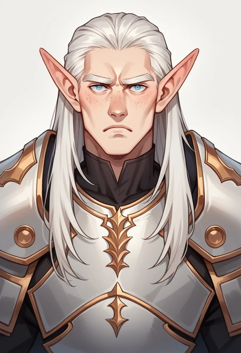 Warrior in white armor with runes, Male, Elf, 28 years old, mesomorphic body, light skin, ash white hair, long hair length, simple hairstyle, oval face shape, almond eyes, full lips, medium eyebrows, arched eyebrows shape, normal nose size, straight nose shape, freckles.