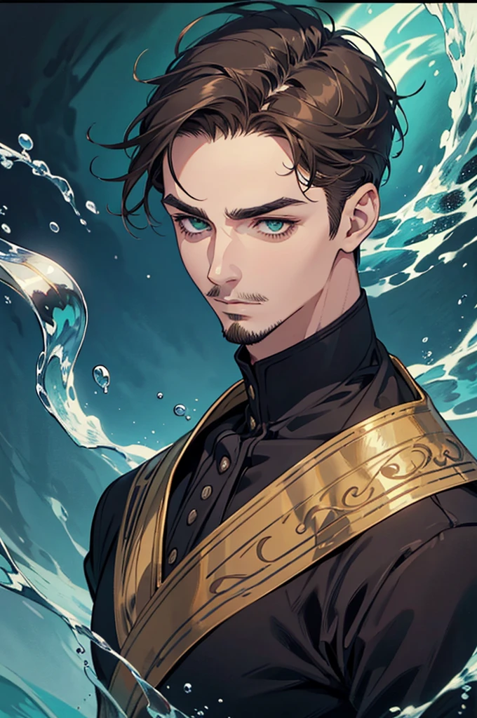 Portrait drawing, show the full head. deep Underwater man with short cut brown hair pulled back, green eyes and a hooked nose. He looks relaxed, his eyebrows are straight. He has a short mustache and goatee. He is wielding waterbending magic. The suroundings is dark blue sea waters, bubbles.