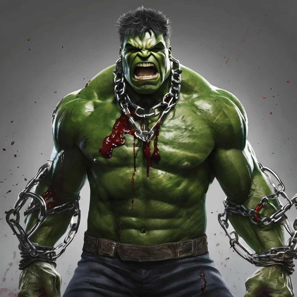 Create a portrait of aged Hulk with more aggressive in a bloody appearance chained in wakanda