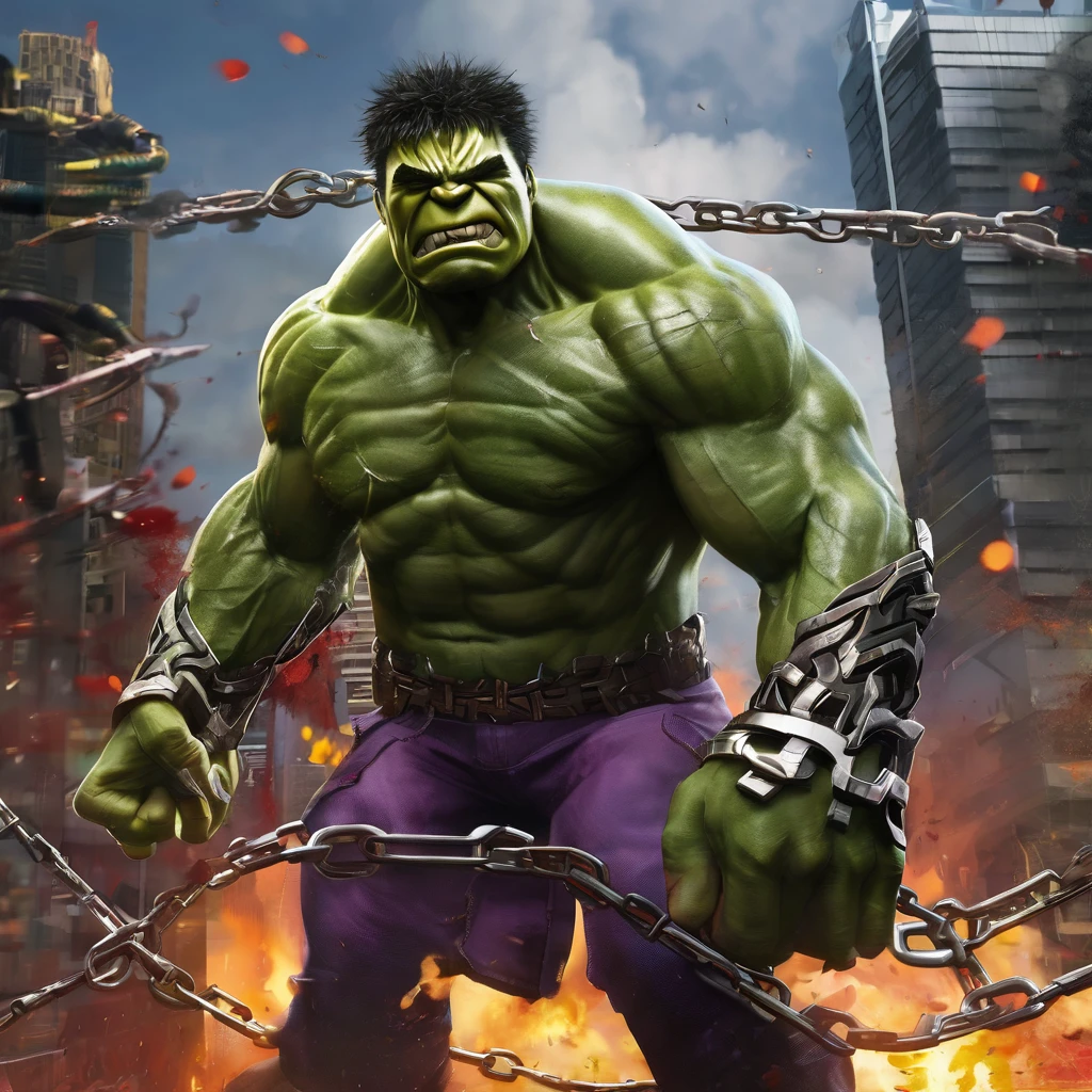 Create a portrait of aged Hulk with more aggressive in a bloody appearance chained in wakanda