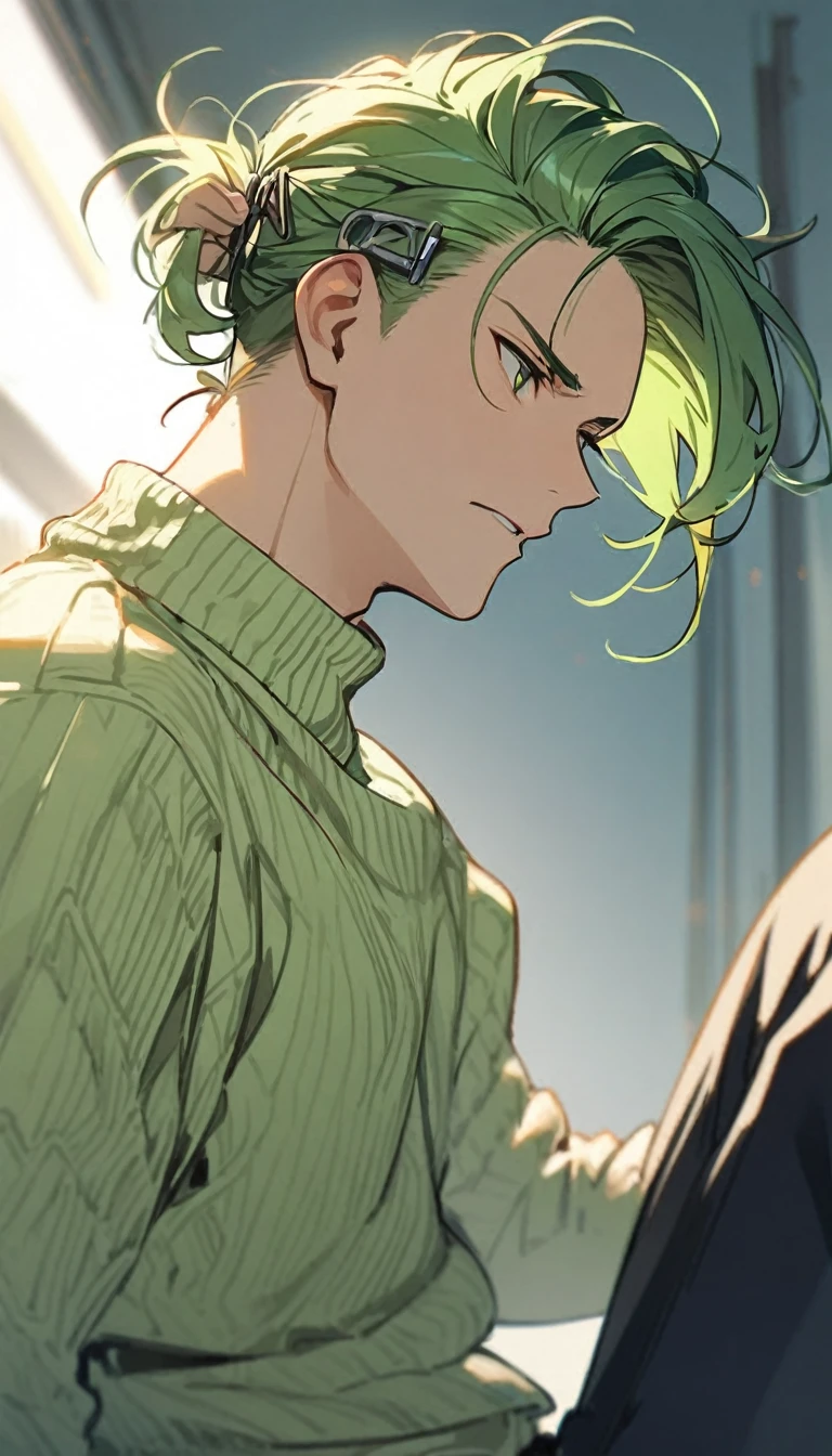1boy, short green hair, pulled up hair with clips ,  , light green sweater with white blazer on top,jawline