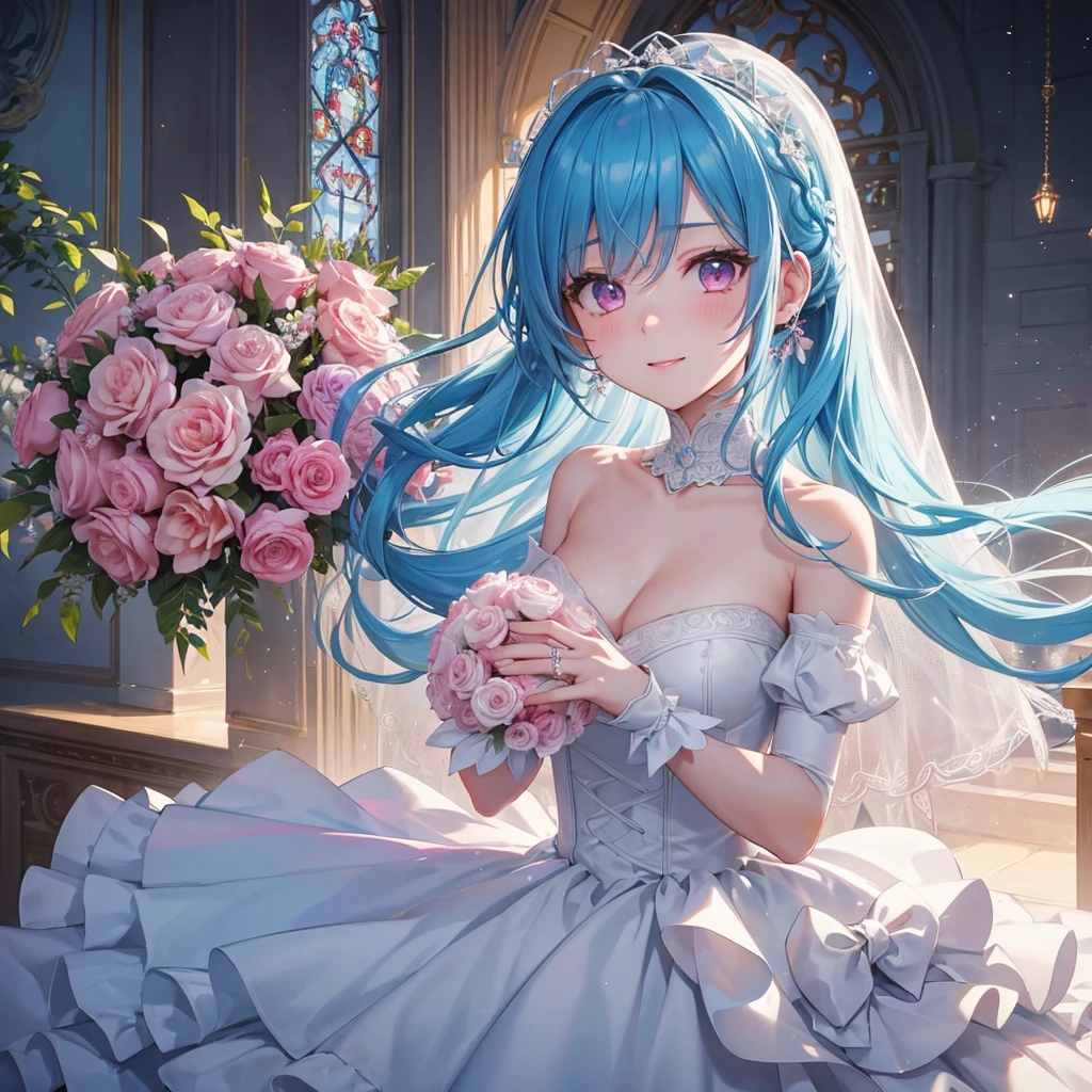 Sky blue hair, (Braided Ponytail),(Pink Eyes),Fair skin ,(whole body),(One Girl),bride,Big smile,Straight bangs,A dignified figure、 6月のbride,Wedding dress,(masterpiece, Highest quality, Very detailed, Best Shadow), (Detailed Background), (Beautifully detailed face), High Contrast, (Best lighting, Very delicate and beautiful), ((Cinematic Light)), colorful, Hyper Detail, Dramatic Light, Intricate details,Chapel background,Bouquet of roses,Ring on left ring finger,