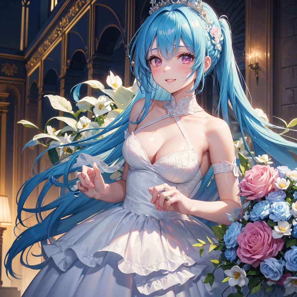 Sky blue hair, (Braided Ponytail),(Pink Eyes),Fair skin ,(whole body),(One Girl),bride,Big smile,Straight bangs,A dignified figure、 6月のbride,Wedding dress,(masterpiece, Highest quality, Very detailed, Best Shadow), (Detailed Background), (Beautifully detailed face), High Contrast, (Best lighting, Very delicate and beautiful), ((Cinematic Light)), colorful, Hyper Detail, Dramatic Light, Intricate details,Chapel background,Bouquet of roses,Ring on left ring finger,