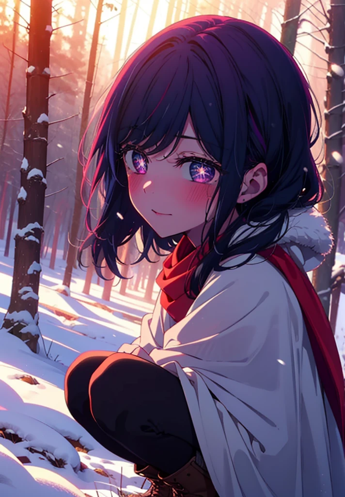 aihoshino, Ai Hoshino, Long Hair, bangs, (Purple eyes:1.1), Purple Hair, (Symbol-shaped pupil:1.5), smile,,smile,blush,white breath,
Open your mouth,snow,Ground bonfire, Outdoor, boots, snowing, From the side, wood, suitcase, Cape, Blurred, , forest, White handbag, nature, Squat, Mouth closed, Cape, winter, Written boundary depth, Black shoes, red Cape break looking at viewer, Upper Body, whole body, break Outdoor, forest, nature, break (masterpiece:1.2), Highest quality, High resolution, unity 8k wallpaper, (shape:0.8), (Beautiful and beautiful eyes:1.6), Highly detailed face, Perfect lighting, Highly detailed CG, (Perfect hands, Perfect Anatomy),