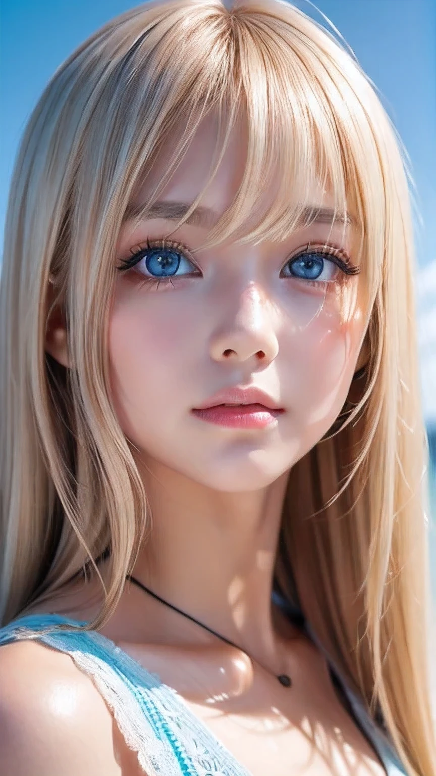 Very beautiful face、A beautiful blonde girl with a stunning beauty、Super Long Hair、windy silky blonde super long hair、Mysterious blonde light、Swinging bangs that block the view、Cute sexy 16 year old blonde girl with light blue eyes、Hair above the eyes、片Hair above the eyes、Hair between the eyes、Big bright light blue eyes that shine so beautifully、eyeliner、Bright expression、Cheek gloss highlighter、Round face