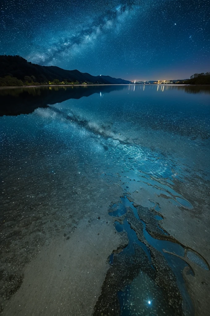 Highest quality, masterpiece, Ultra-high resolution, Looking up at the water surface from the riverbed、Stars shining in the night sky々A viewpoint from which to view。The silence of the water and the starry sky seen through the rippling water surface、The pale moonlight reflects off the water's surface, creating a fantastic atmosphere.。