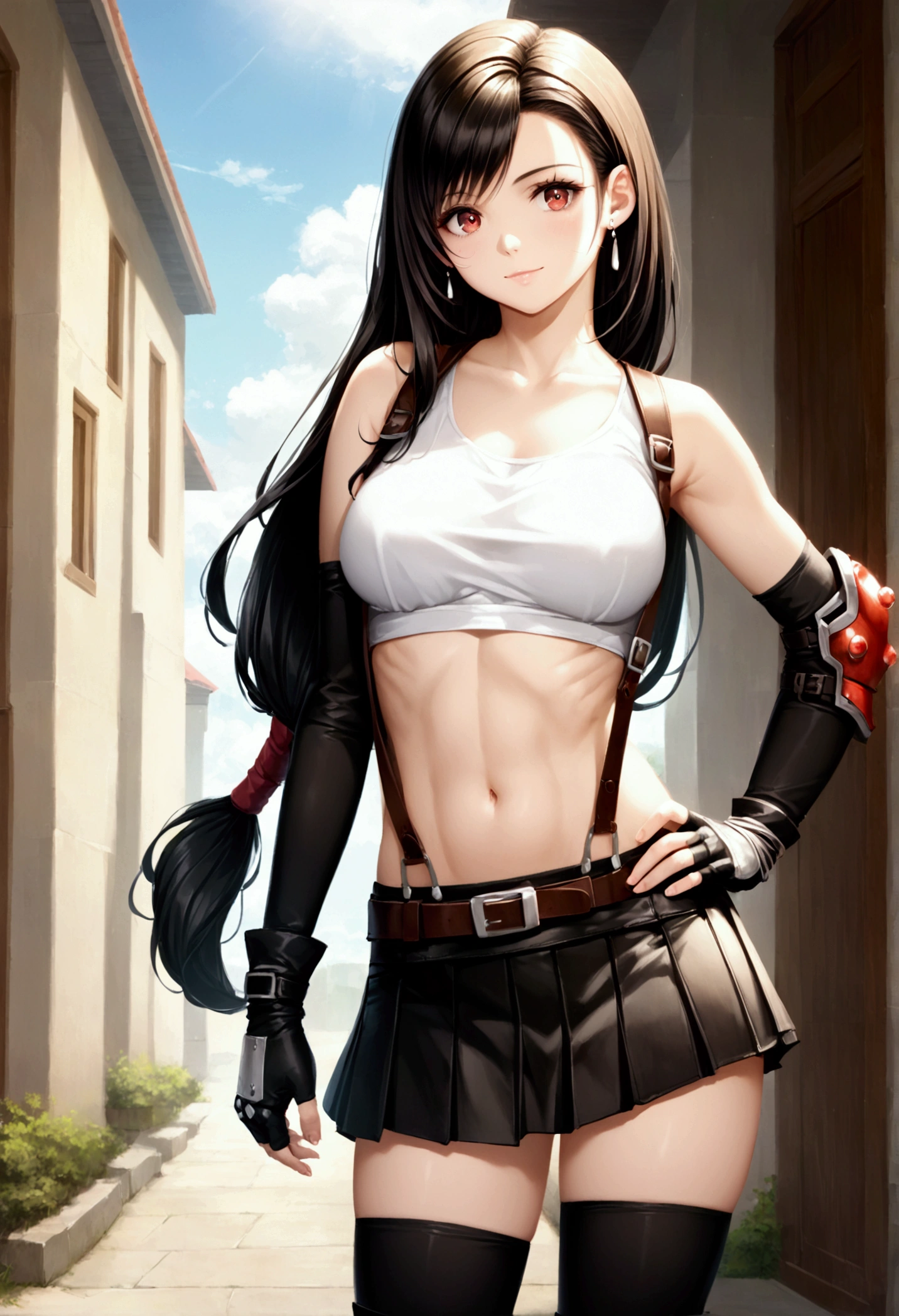 score_9, score_8_up, score_7_up,,BREAK , ,from front,front view,top angle,pov,,,standing,contrapost,(upperbody) ,,straight-on,Solo,1girl, tifa lockhart, final fantasy,ultra beautiful ,black hair, low-tied long hair, red eyes, bangs, (white tank top,gap),High exposure，Belly exposure，the ribs，(belt, pleated skirt, thighhighs, elbow fingerless gloves, elbow pads, midriff, navel,suspenders.skirt),beautiful waist ,((large_breast:1.3)),light smile,,hand on own hip,daytime,outdoor,(ultra detailed),(best quality),(aesthetic,very aesthetic),UHD,photorealistic,game cg.extremely detailed CG unity 8k wallpaper,,depth of field,,, 　　