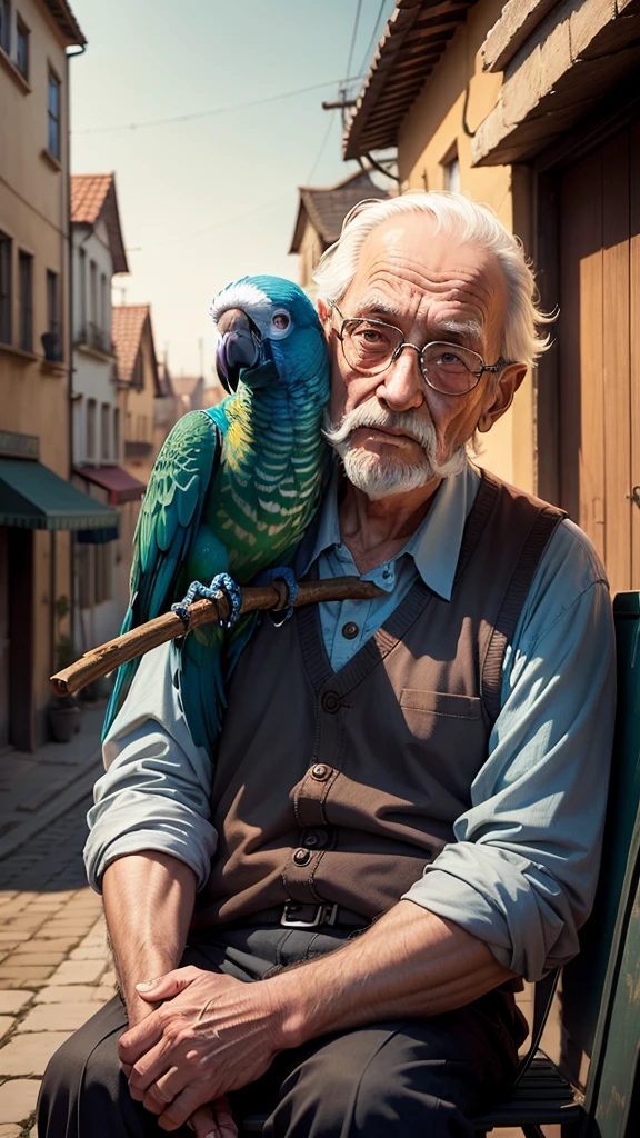 A blind old man , a parrot sitting on shoulder of old man , sky at back , a street scene environment, master piece