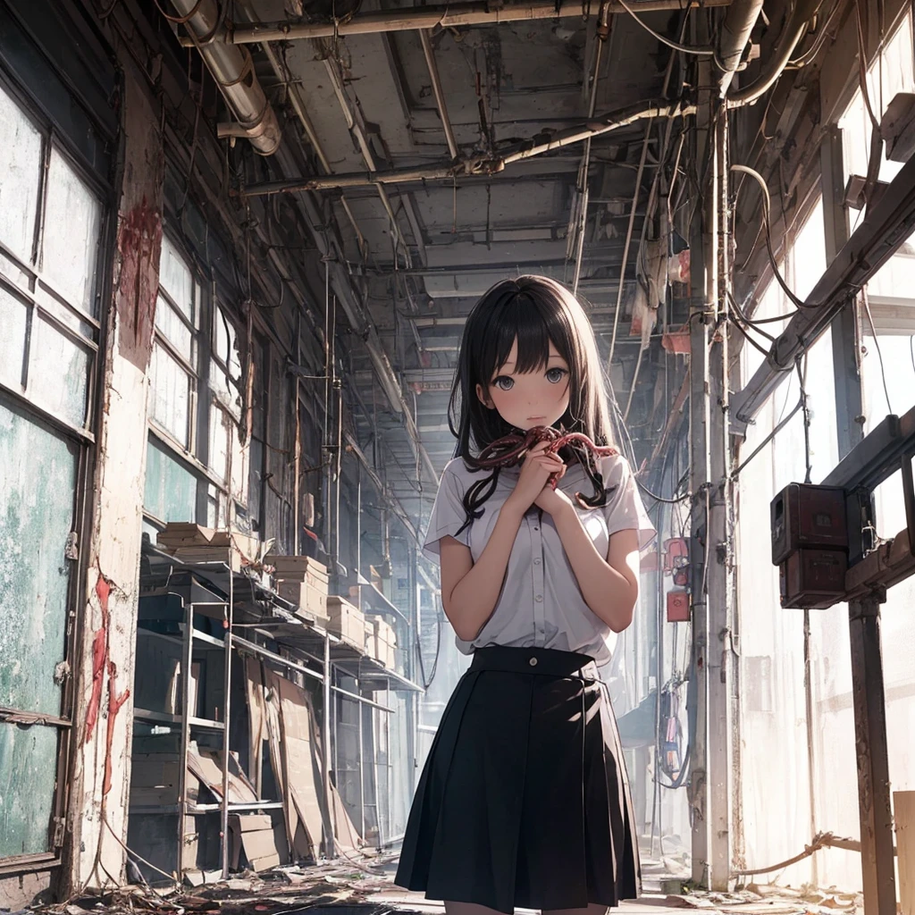 Girl captured by tentacles in abandoned factory　Tentacles in a skirt　Pants fabric texture　