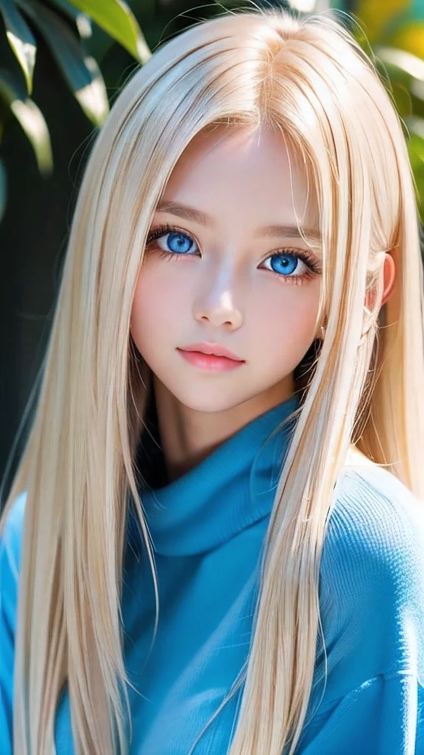 Very beautiful face、A beautiful blonde girl with a stunning beauty、Super Long Hair、windy silky blonde super long hair、Mysterious blonde light、Swinging bangs that block the view、Cute sexy 16 year old blonde girl with light blue eyes、Hair above the eyes、片Hair above the eyes、Hair between the eyes、Big bright light blue eyes that shine so beautifully、eyeliner、Bright expression、Cheek gloss highlighter、Round face