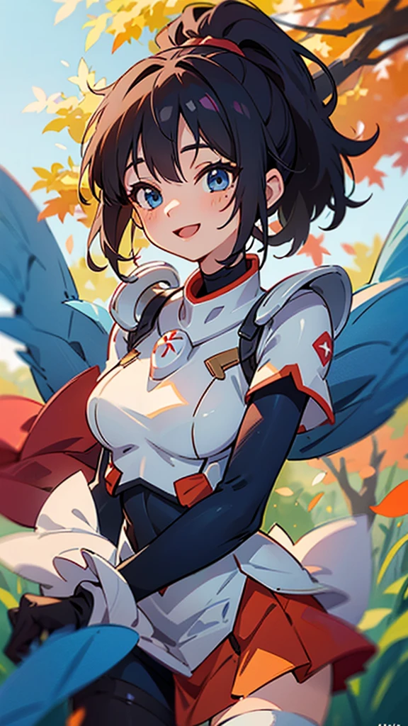 One girl、alone、Anime-style paintings、Sparkling Blue Eyes、Black Hair、ponytail、armor、Blue bodysuit、boots、Fits perfectly to the skin、skirt、thigh boots、Knee socks、Upper body close-up、smile、Laughing with your mouth open、Perfect lighting、Autumnal leaves々、Momiji Park、Background Blur, Written boundary depth