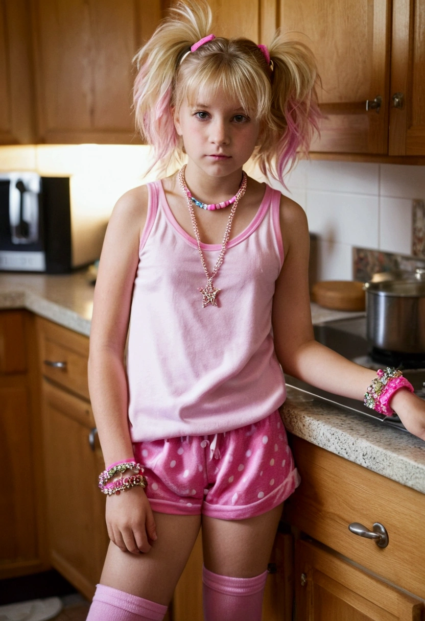 1 young girl, wearing very small pink pajama shorts and pajama tank top, pink thighhighs, leaning against a kitchen counter, blond messy hair, necklaces, bracelets,  looking straight at viewer