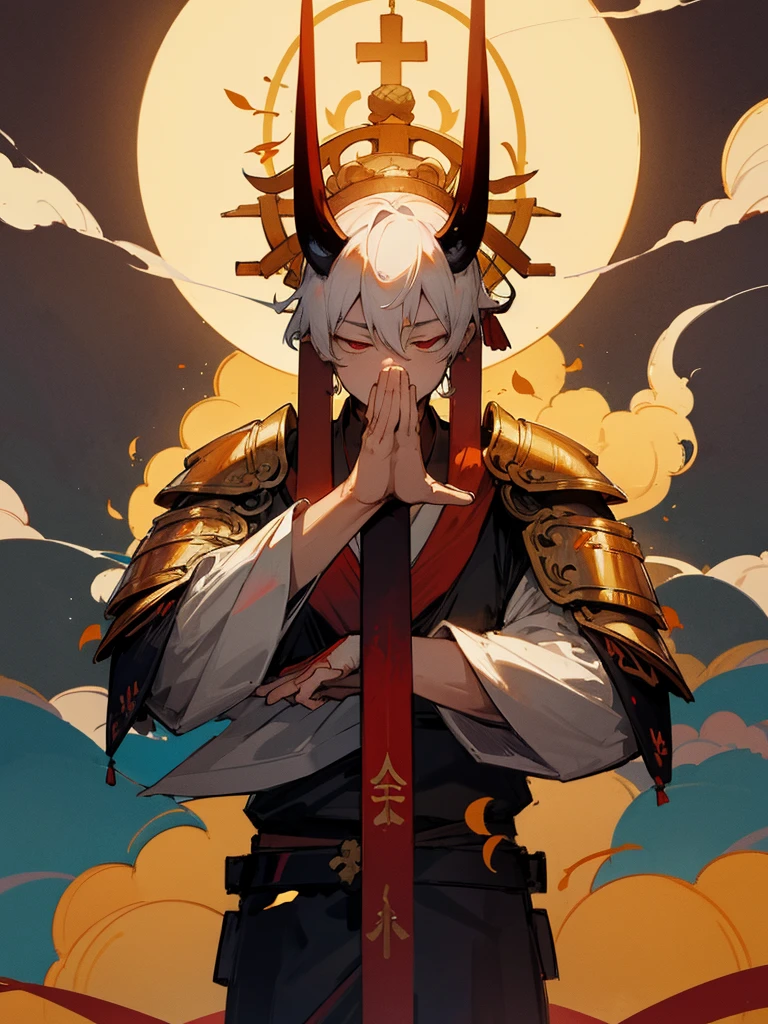 Buddha,Burning Eyes, horn, white short hair, black armor, torii, man, full moon, hands together in prayer, Zen meditation golden lion cross Japanese sword cyborg ghost