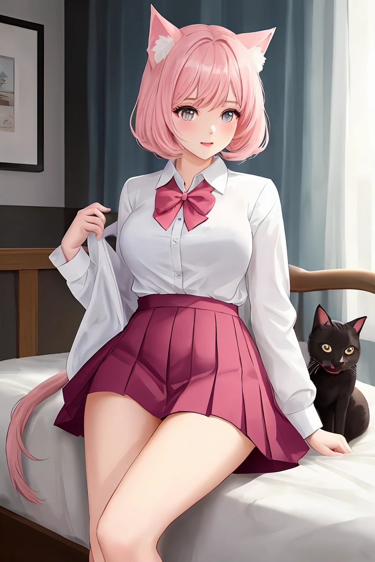 (score_9,score_8_up,score_7_up,score_6_up,score_5_up,score_4_up),masterpiece, top quality, best quality, official art, beautiful and aesthetic, animation, , 1girl with cat ear, perfect figure, pink hair, complicated details, bedroom, sitting on the bed, white shirt, pink pleated skirt ,
