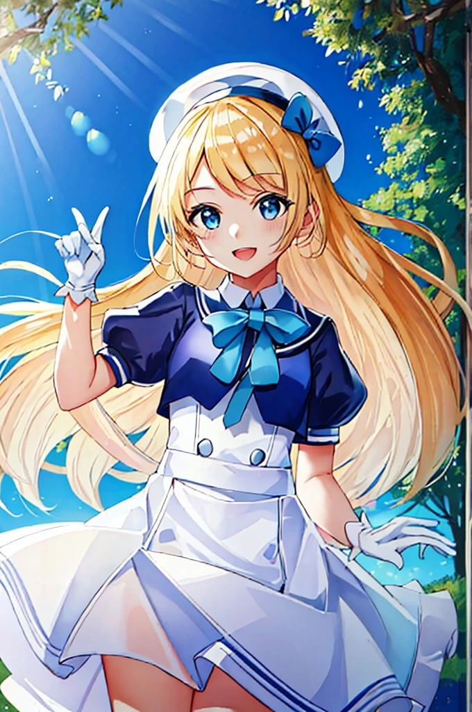 (masterpiece, Highest quality, detailed:1.3),(photograph:1.3), HD transparent background, High detail,cute,One Girl, cute表情, smile,、Sparkling eyes、hat、uniform、gloves、dance、Outdoor、flower、blue sky、summer、Diverse backgrounds