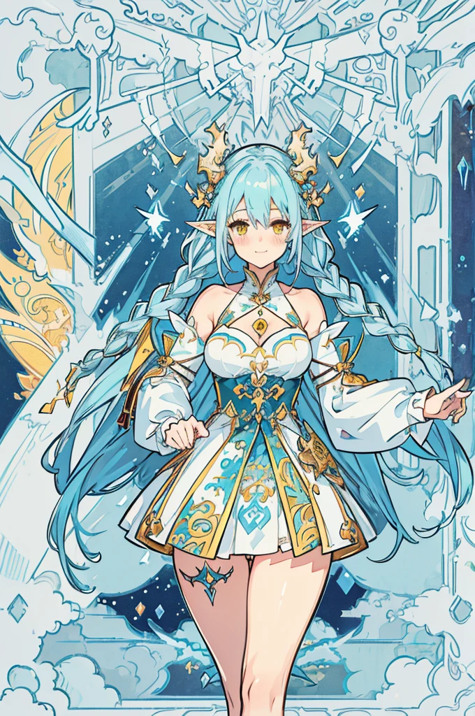 (beautiful and aesthetic:1.2), (1girl), extreme detailed,(fractal art:1.3), cute young girl, light blue hair, long hair, small braids hair, yellow eyes, elf ears, dragon tail, dragon thorn, muscular body, big breast, sexy outfit, smile, blush, room