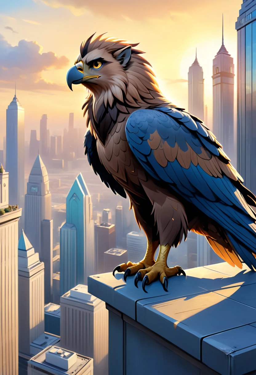 Hyper-realistic digital painting of an urban griffon perched on the edge of a skyscraper at dawn. The griffon has the body of a lion and the wings and head of an eagle, with feathers that shimmer in the early morning light. The city below is just waking up, with cars on the streets and people starting their day. The griffon surveys the city with a regal and watchful gaze, blending the ancient majesty of mythical creatures with the modern urban landscape. Cinematic composition, trending on ArtStation.