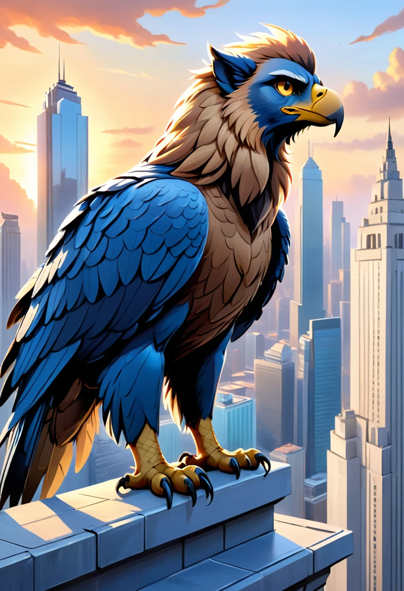 Hyper-realistic digital painting of an urban griffon perched on the edge of a skyscraper at dawn. The griffon has the body of a lion and the wings and head of an eagle, with feathers that shimmer in the early morning light. The city below is just waking up, with cars on the streets and people starting their day. The griffon surveys the city with a regal and watchful gaze, blending the ancient majesty of mythical creatures with the modern urban landscape. Cinematic composition, trending on ArtStation.