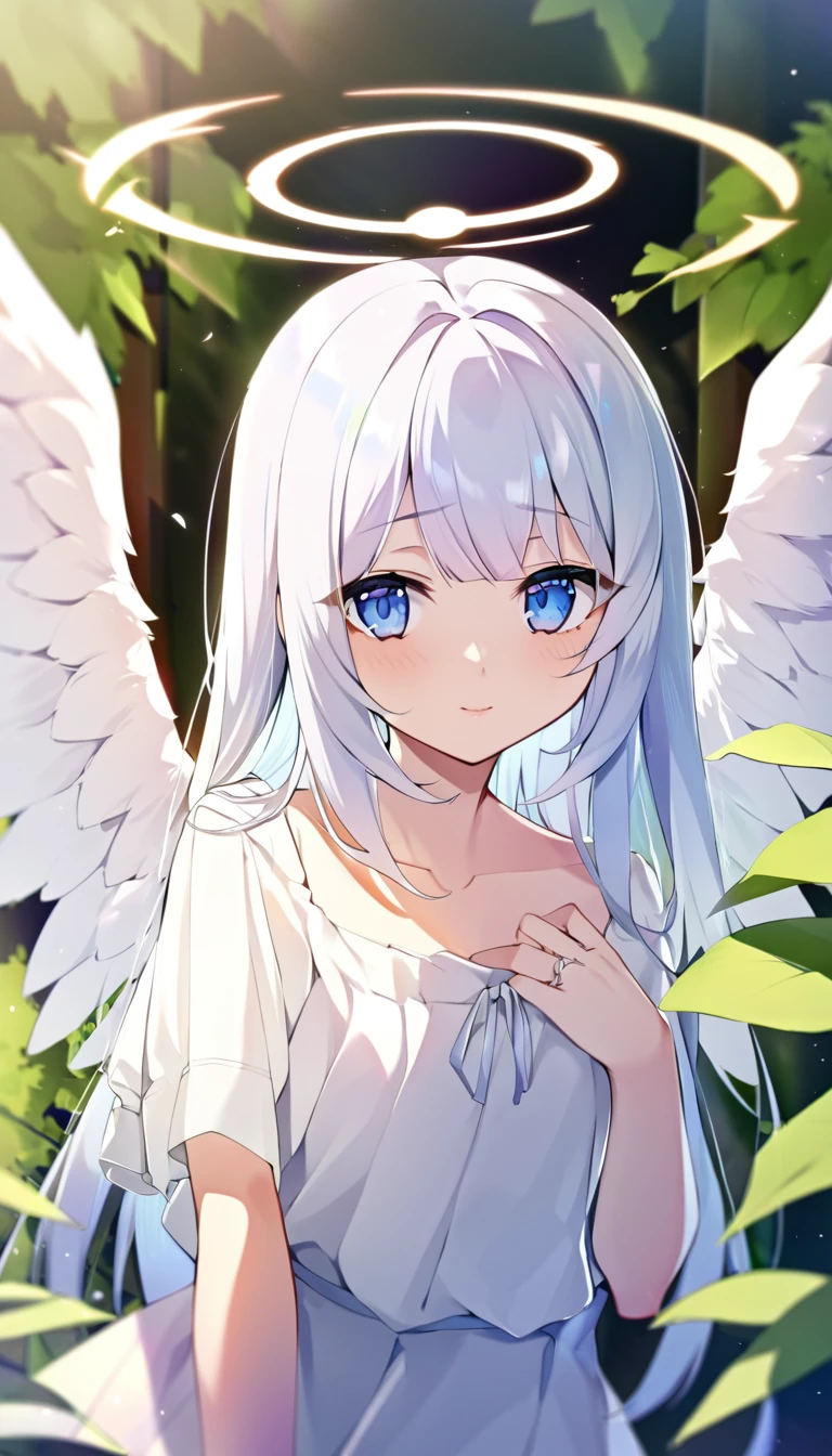 one girl, angel, angel wing, angel ring, sacred, cute, naive, pure white angel, 15 years old, beautiful, light blue eyes