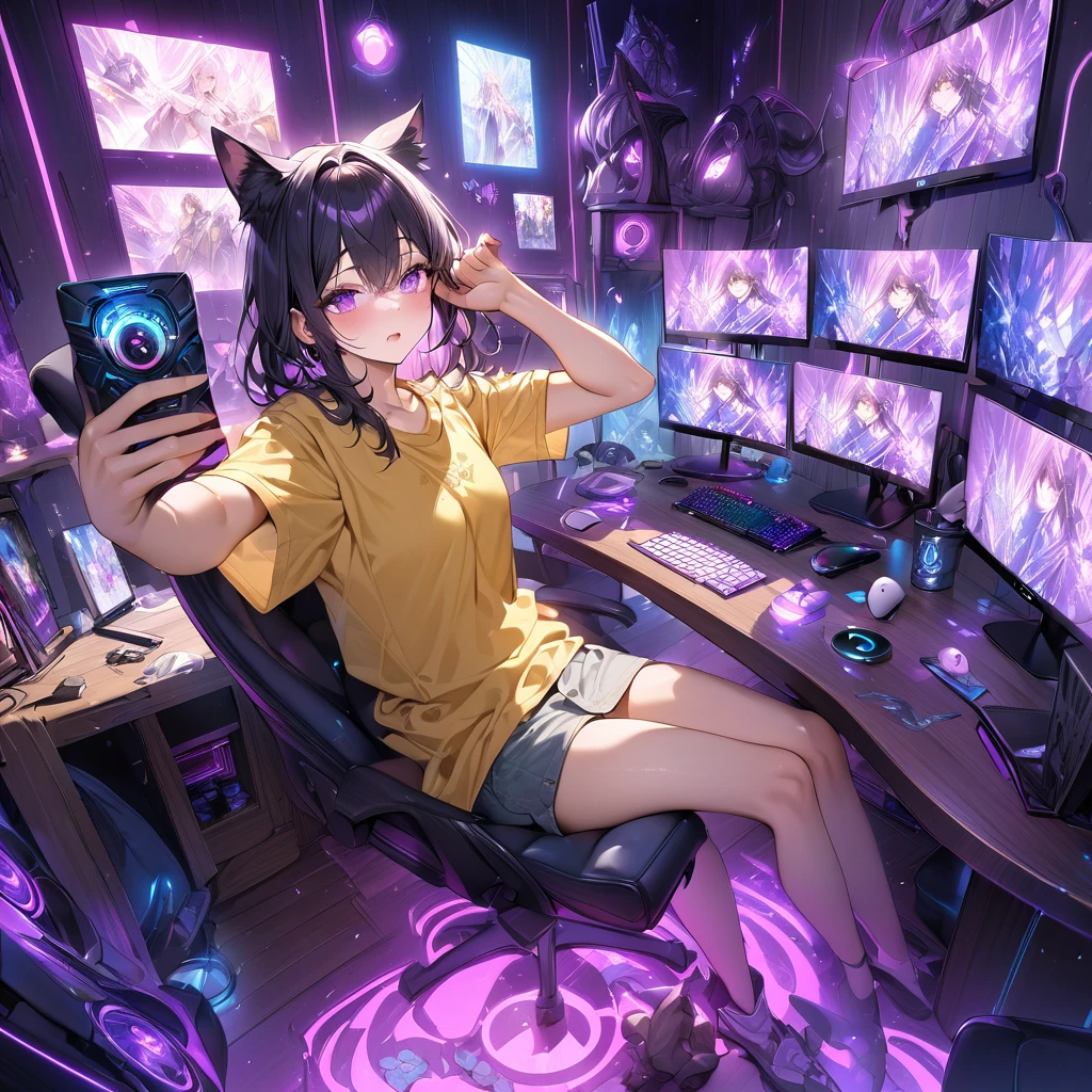 Boy with yellow tshirt, cat ears,purple dark light, absurdres, highres, ultra detailed, HDR, master piece, best quality, black hair, expressive purple eyes, magical, fantasy, shining, purple neon, gaming room with pc, selfie