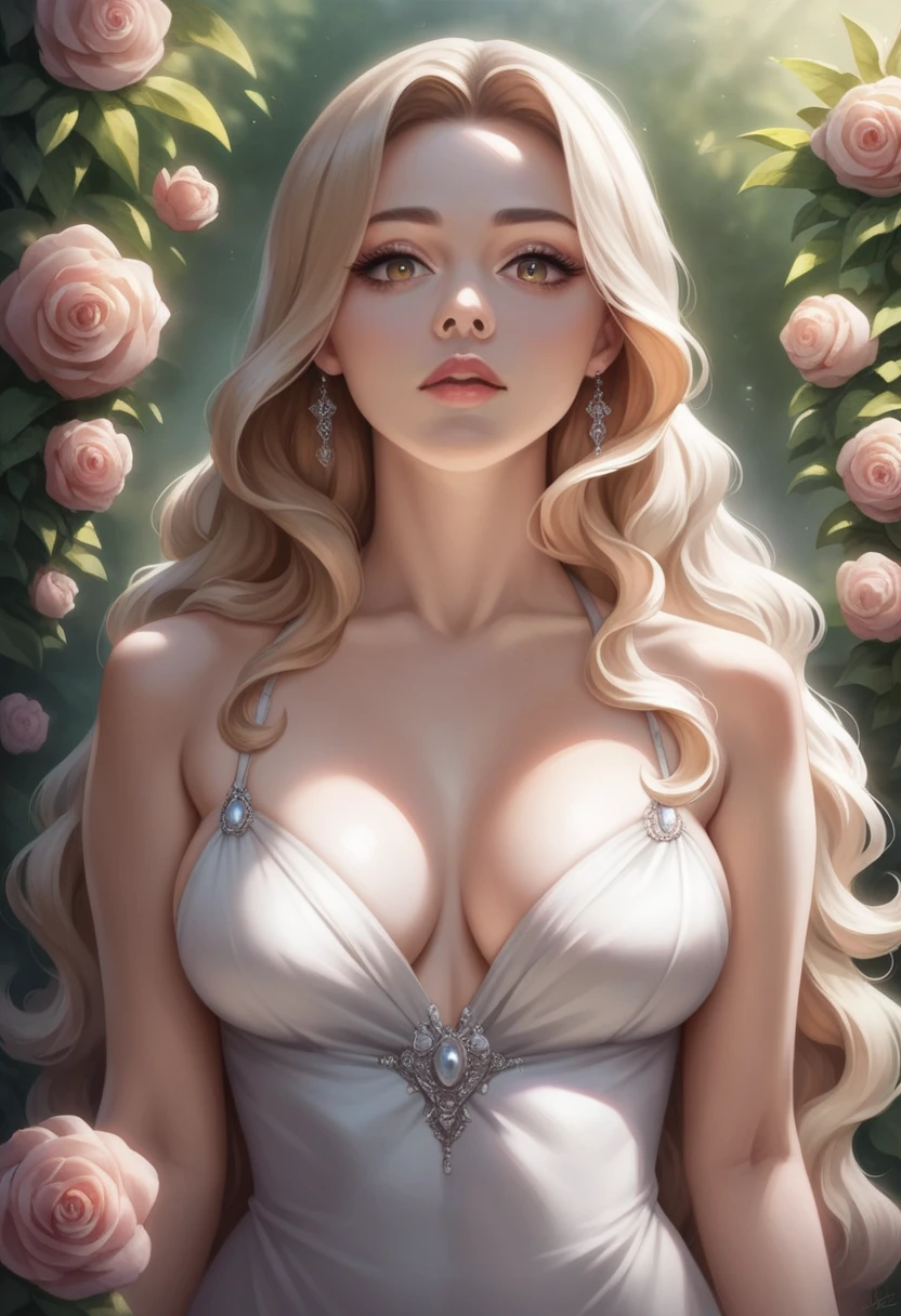 a beautiful girl in a garden, detailed face, beautiful eyes, long eyelashes, flawless skin, long flowing hair, elegant dress, delicate features, wide angle view, highly detailed, crisp and clear, photorealistic, cinematic lighting, warm colors, glowing skin, glass skin, very high quality