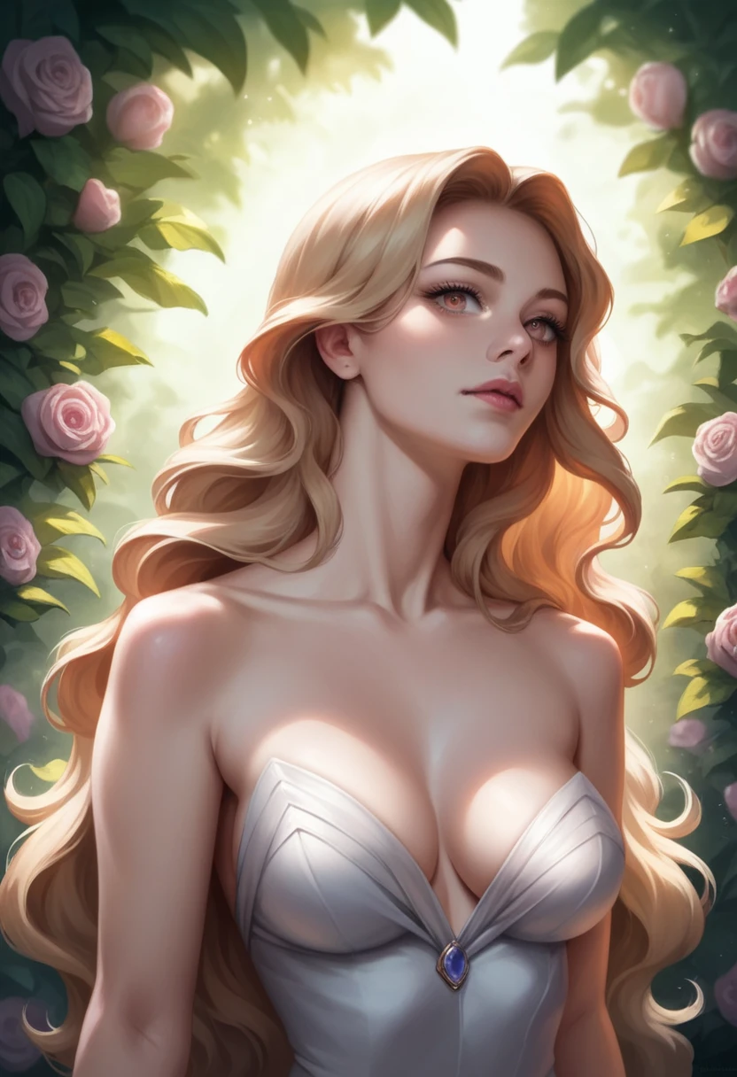 a beautiful girl in a garden, detailed face, beautiful eyes, long eyelashes, flawless skin, long flowing hair, elegant dress, delicate features, wide angle view, highly detailed, crisp and clear, photorealistic, cinematic lighting, warm colors, glowing skin, glass skin, very high quality