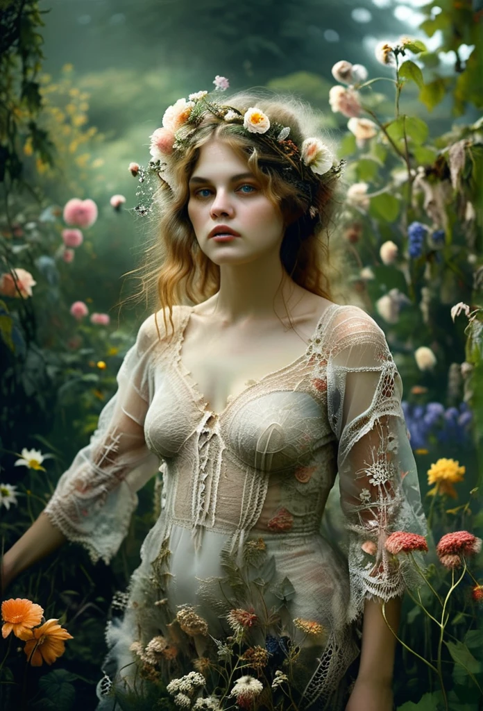 Ethereal Beauty in a Garden, digital art photograph, woman's face and body obscured by flowers, lace-trimmed garment, soft lighting, translucent fabrics, ethereal quality, dreamlike atmosphere, subtle colors, natural garden setting, Sally Mann-inspired style.