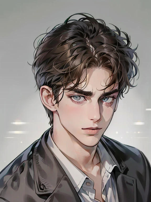 masterpiece, best quality, realistic, 1man, mature male, quiet and charming young man, 25 year old, serious look, closed mouth, portrait, extremely detailed face, cold smile, ((dark grey eyes)), ((short-right-swept dark brown hair)), [thick eyebrows], ((suit)), handsome, full body, western, Jewish, light brown skin,