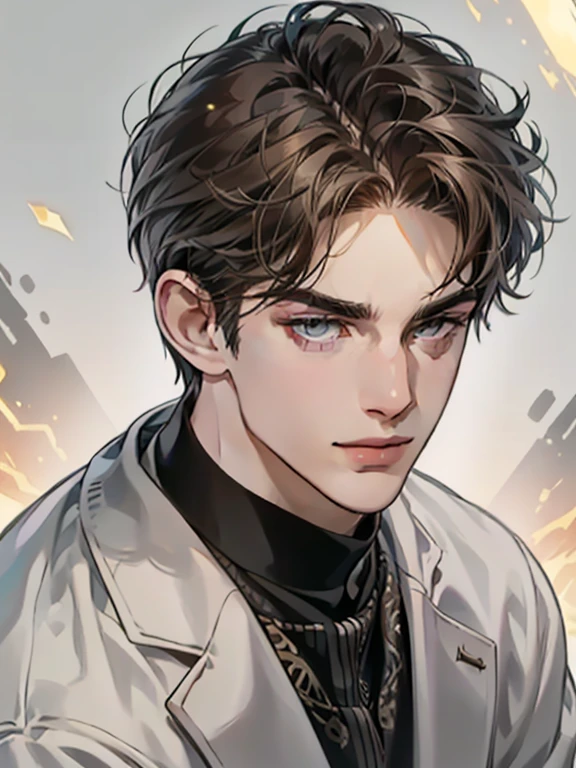 masterpiece, best quality, realistic, 1man, mature male, quiet and charming young man, 25 year old, serious look, closed mouth, portrait, extremely detailed face, cold smile, ((dark grey eyes)), ((short-right-swept dark brown hair)), [thick eyebrows], ((suit)), handsome, full body, western, Jewish, light brown skin,