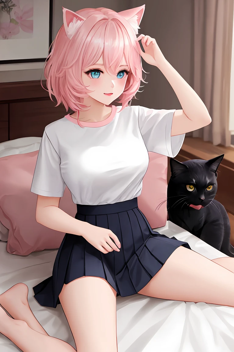 (score_9,score_8_up,score_7_up,score_6_up,score_5_up,score_4_up),masterpiece, top quality, best quality, official art, beautiful and aesthetic, animation, , 1girl with cat ear, perfect figure, pink hair, complicated details, bedroom, sitting on the bed, white shirt, pink pleated skirt ,
