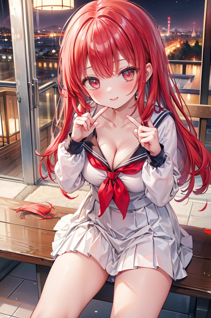 masterpiece, best quality, nsfw,
1girl, from above, sitting, cleavage,
lift up the pleated skirt, sailor suit, white panties, red hair, evil smile, peace sign,
downtown area, night,