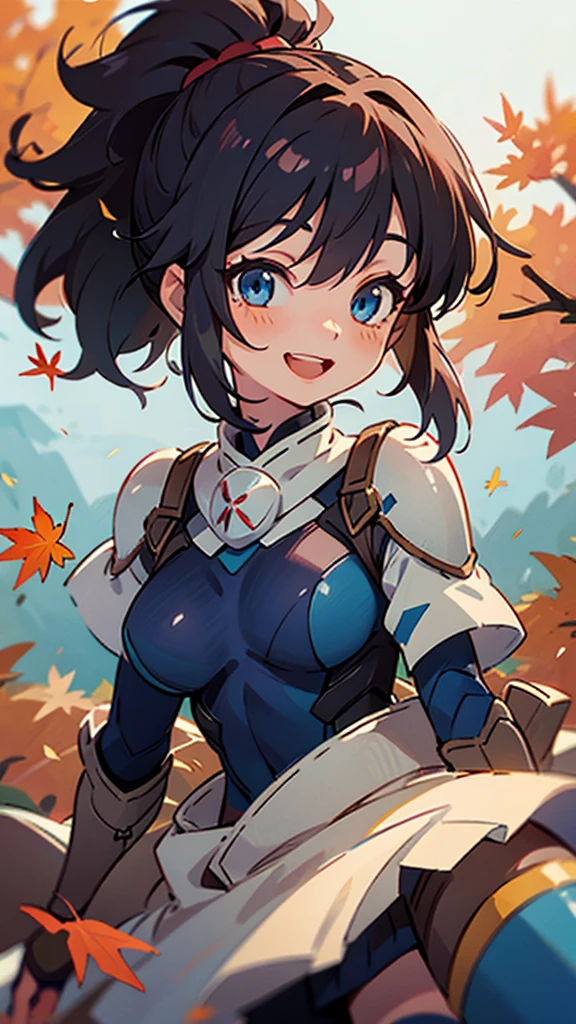 One girl、alone、Anime-style paintings、Sparkling Blue Eyes、Black Hair、ponytail、armor、Blue bodysuit、boots、Fits perfectly to the skin、skirt、thigh boots、Knee socks、Upper body close-up、smile、Laughing with your mouth open、Perfect lighting、Autumnal leaves々、Momiji Park、Background Blur, Written boundary depth