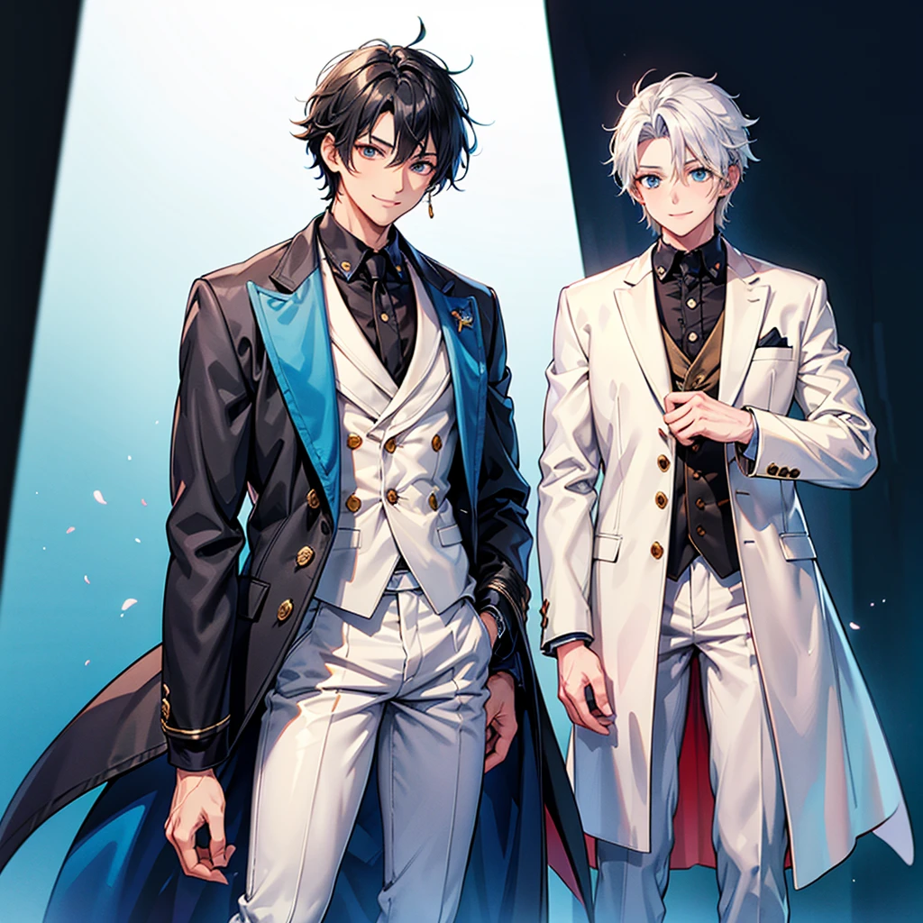 Anime art style,Highest quality,High resolution,Anatomically correct,One Man,Tall man,Black Hair,Spiky hair,Smile gently,Blue long coat,Black innerwear,White trousers,one hand in one&#39;s coat pocket,Eyes drawn in detail,8k