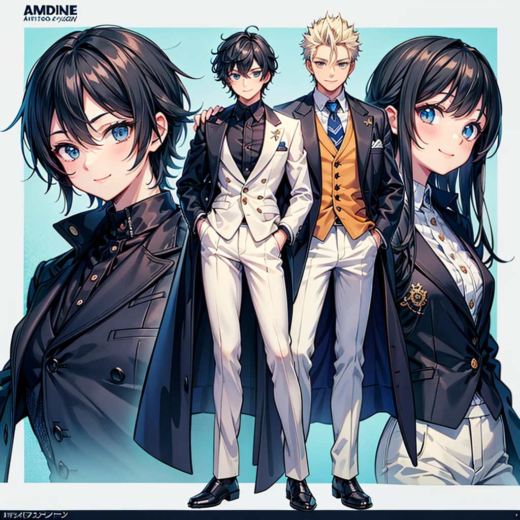 Anime art style,Highest quality,High resolution,Anatomically correct,One Man,Tall man,Black Hair,Spiky hair,Smile gently,Blue long coat,Black innerwear,White trousers,one hand in one's coat pocket,Eyes drawn in detail,8k