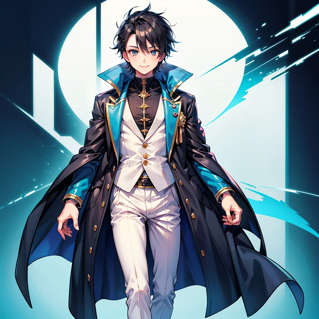 Anime art style,Highest quality,High resolution,Anatomically correct,One Man,Tall man,Black Hair,Spiky hair,Smile gently,Blue long coat,Black innerwear,White trousers,one hand in one's coat pocket,Eyes drawn in detail,8k
