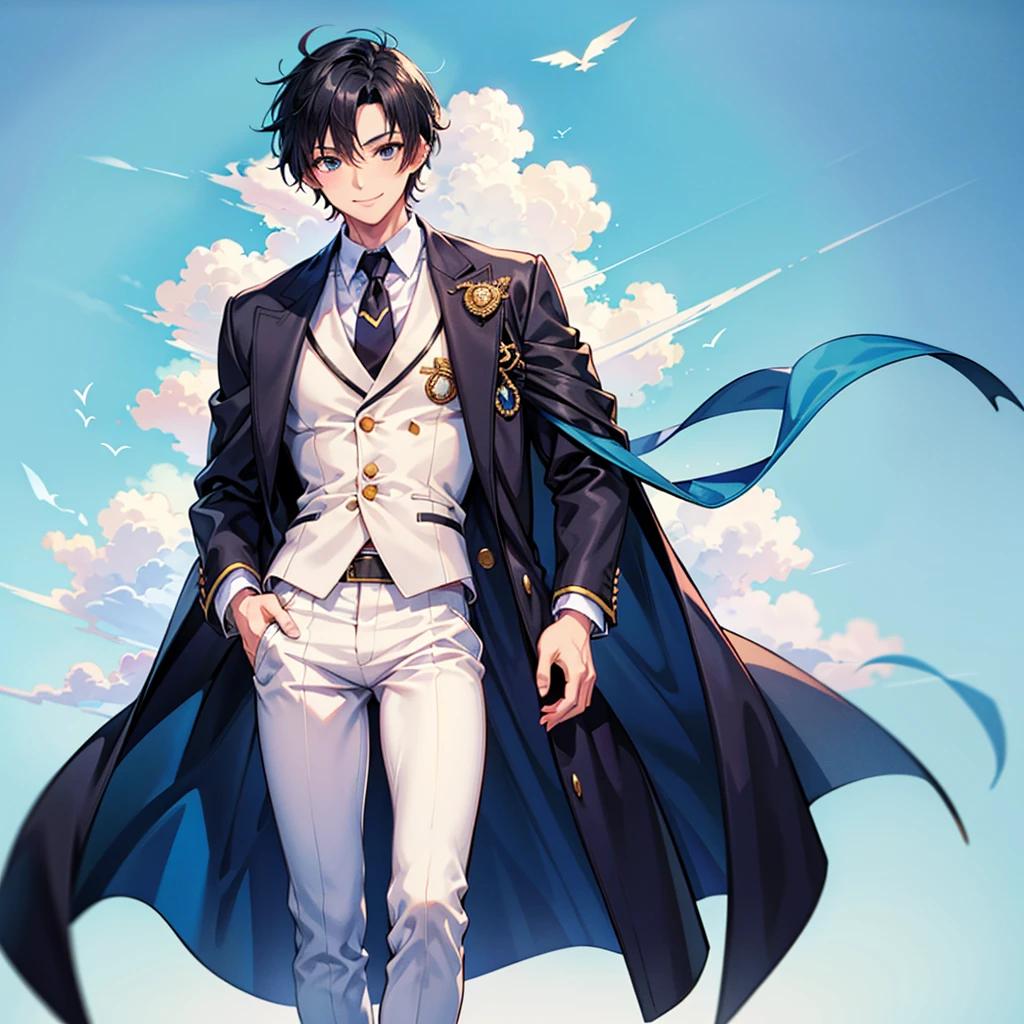 Anime art style,Highest quality,High resolution,Anatomically correct,One Man,Tall man,Black Hair,Spiky hair,Smile gently,Blue long coat,Black innerwear,White trousers,one hand in one&#39;s coat pocket,Eyes drawn in detail,8k
