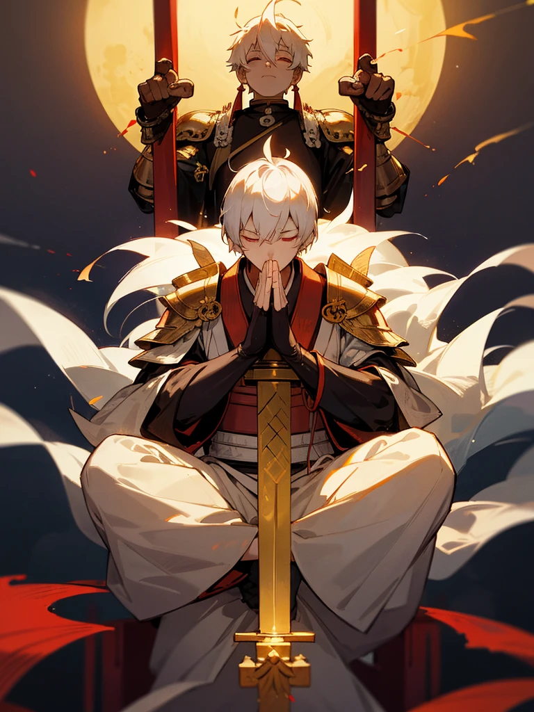 Buddha,Burning Eyes, horn, white short hair, black armor, torii, man, full moon, hands together in prayer, Zen meditation golden lion cross Japanese sword cyborg ghost