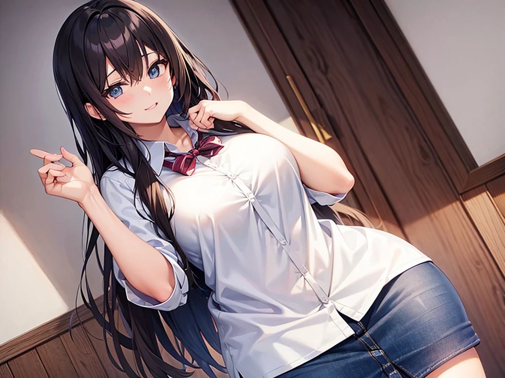 anime　Quiet female college student　A pleasant looking face　Dress shirt　Between the breasts