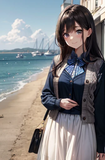 very cute and beautiful girl,(Very exquisite beautiful face and eyes),
A white summer dress with fine lace and frills,(Navy blue bolero cardigan),Are standing,
On the side of the road in a seaside town,port,Marina,Beautiful summer sky,
(smile),Black Hair,Mid Shot,Carrying a cute fashion bag,Leg details,
(Highest quality,masterpiece),Absurd,High resolution,Very detailed,Very detailed,32k,8k resolution,
Intricate details,Movie Scenes,Detailed Background,alone,Dynamic Angle,