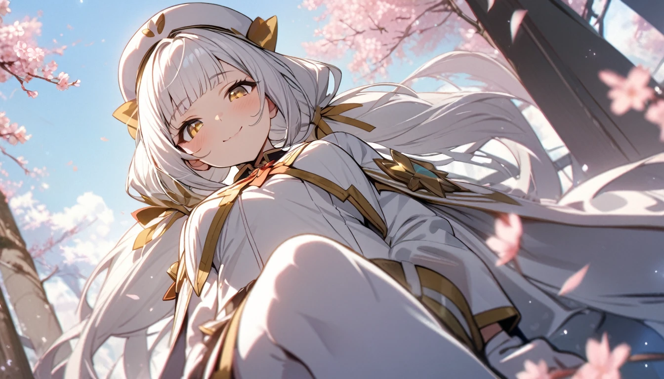 masterpiece, best quality, ultra-detailed, 1girl, , flat, magical girl, army uniform, white clothes, white cloak, white beret, white hair, very long hair, low twin tails, gold ribbon, blunt bangs, tender smile, yellow eyes, sitting, cherry blossom, looking down, looking at viewer, from below, close up of upper body, clear sky, sakura
