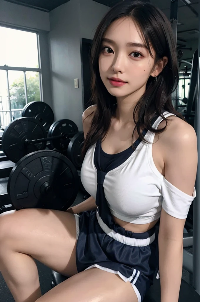 (very huge round breasts:1.5), (gym uniform:1.5), anatomically correct, extremely delicate and beautiful, masterpiece, Best Quality, ultra high resolution, 16k, hyperrealistic, ultra-detailed, Very detailed CG 8k wallpaper, Beautiful Lighting, Perfect Lightning, Realistic Shadows, super Detailed shiny skin, perfect figure, Japanese woman, late 20s, Slim body, Slim abdomen, very small head, handsome detailed woman, very detailed eyes and face, realistic face proportions, Stunning detailed eyes, Realistic beautiful face, very small face, Realistic small beautiful eyes, double eyelids, makeup, tearful mole, mole on chest, earring, short wavy hair, cleavage, bare legs, Soft midriff, Fine Collarbone, beautiful and very thin legs, beautiful and very thin thighs, off-shoulder, narrow waist,
