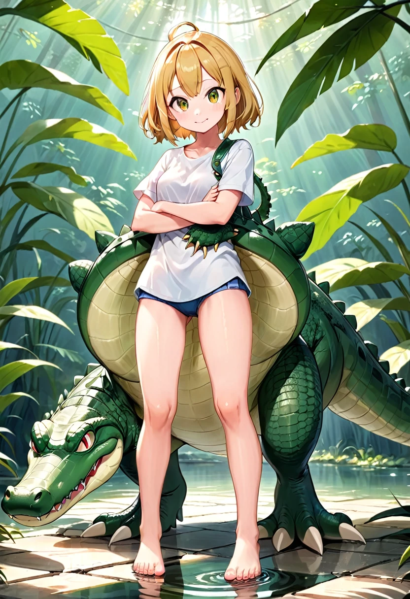 aligator anime girl with aligator hands and feet and an aligator tail, cute but big aligator head with a semi short snout, sorta big anime eyes, no hair. real alligator standing on two legs