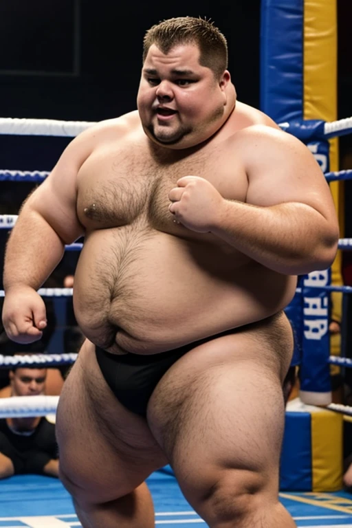 A guy too fat fighting with a bulldog