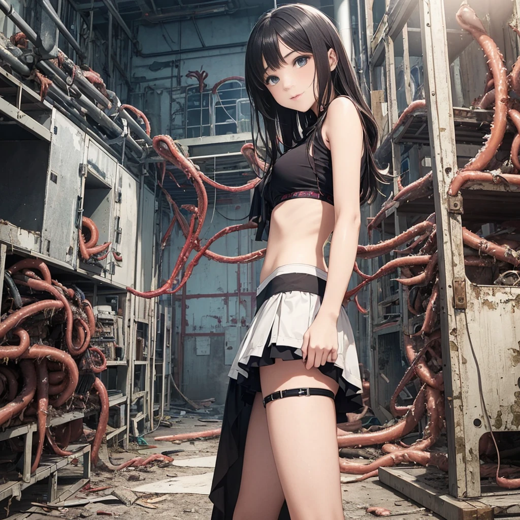 Girl captured by tentacles in abandoned factory Tentacles in a skirt Pants fabric texture