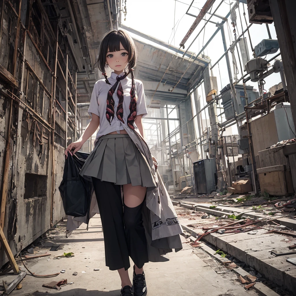 Girl captured by tentacles in abandoned factory　Tentacles in a skirt　Pants fabric texture　