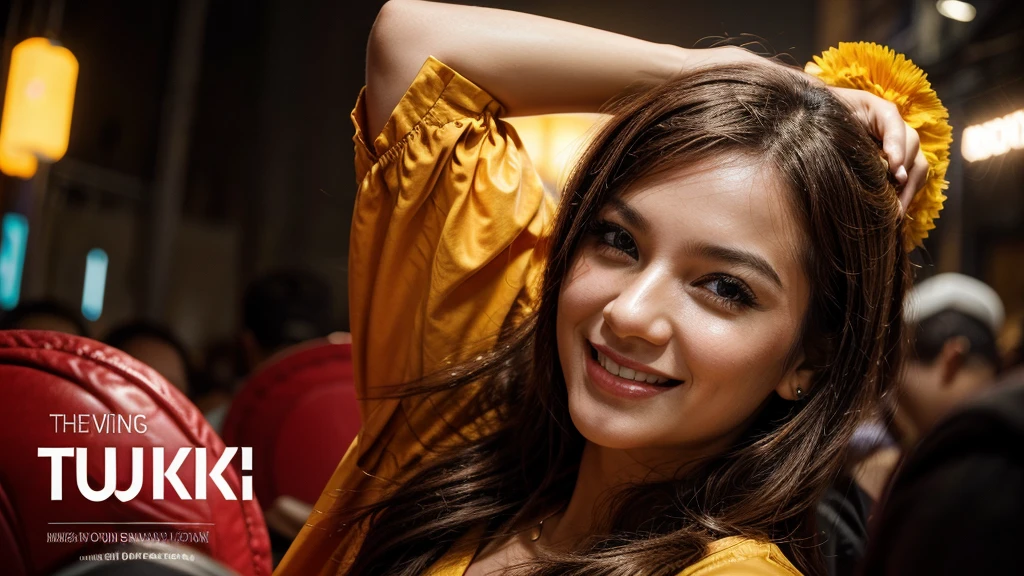 The thumbnail image is a young girl in her 30s, Elegant face, Bright smile, face as if feeling the music. Background font "Turkish pop" at the top is highlighted in bold, stylized text nhỏ hơn "2024", stylized text "Turkish Remix" at the bottom. The vibrant color combination of the pop music genre creates a vivid and attractive picture. Honest images, clear details, Highlight the girl&#39;s beauty and emotions.